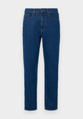Dunkelblaue Jeans aus Denim mit geradem Bein, ausgestattet mit Reißverschluss, Knopfverschluss, fünf Taschen und kontrastierenden Steppnähten.