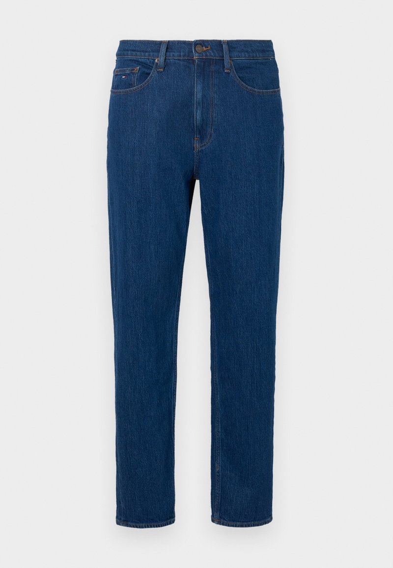 Dunkelblaue Jeans aus Denim mit geradem Bein, ausgestattet mit Reißverschluss, Knopfverschluss, fünf Taschen und kontrastierenden Steppnähten.