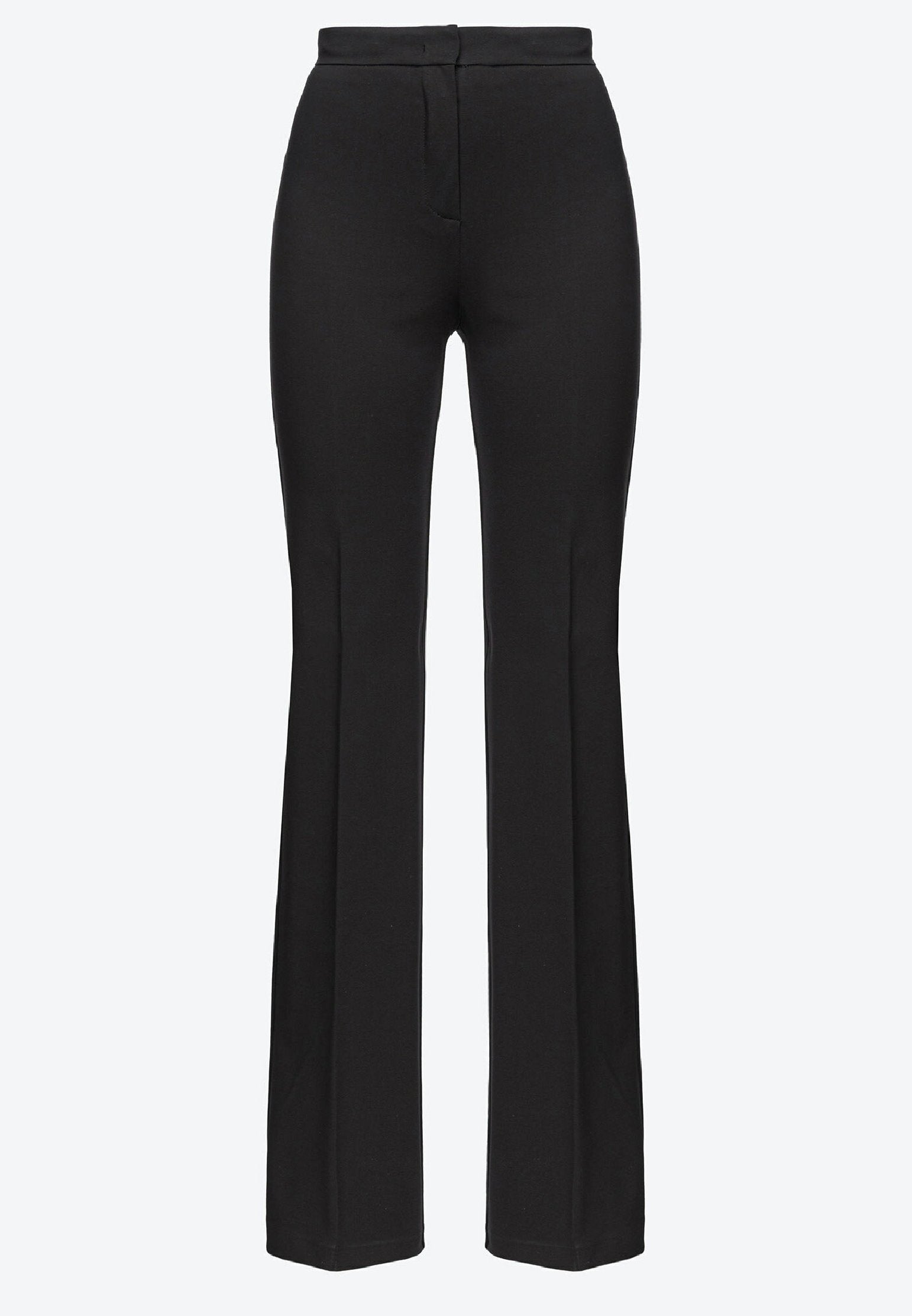 Schwarze weit ausgestellte Hose aus glattem Stoff mit hohem Bund, vorderem Reißverschluss und taillierter Passform, geeignet für verschiedene Anlässe.