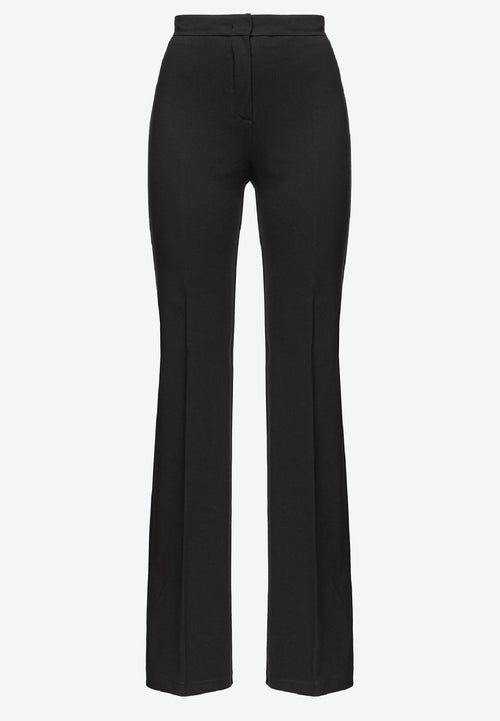 Schwarze weit ausgestellte Hose aus glattem Stoff mit hohem Bund, vorderem Reißverschluss und taillierter Passform, geeignet für verschiedene Anlässe.