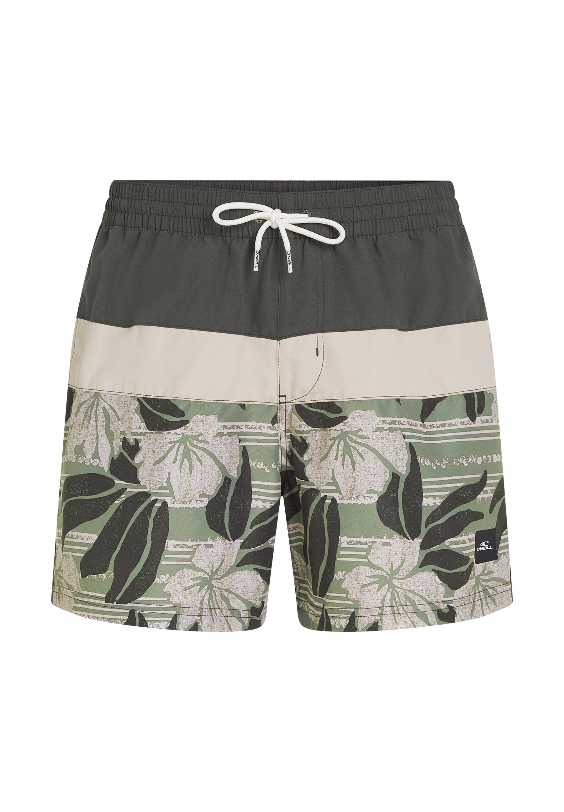 Herrenschwimmshorts in Grün, Beige und Schwarz. Mit floralem Druck und Streifen, elastischem Bund und weißem Kordelzug.
