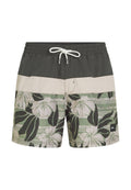 Herrenschwimmshorts in Grün, Beige und Schwarz. Mit floralem Druck und Streifen, elastischem Bund und weißem Kordelzug.