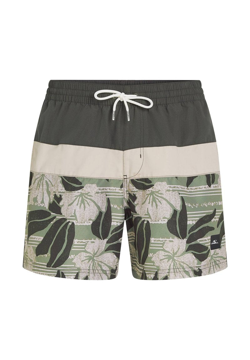 Herrenschwimmshorts in Grün, Beige und Schwarz. Mit floralem Druck und Streifen, elastischem Bund und weißem Kordelzug.