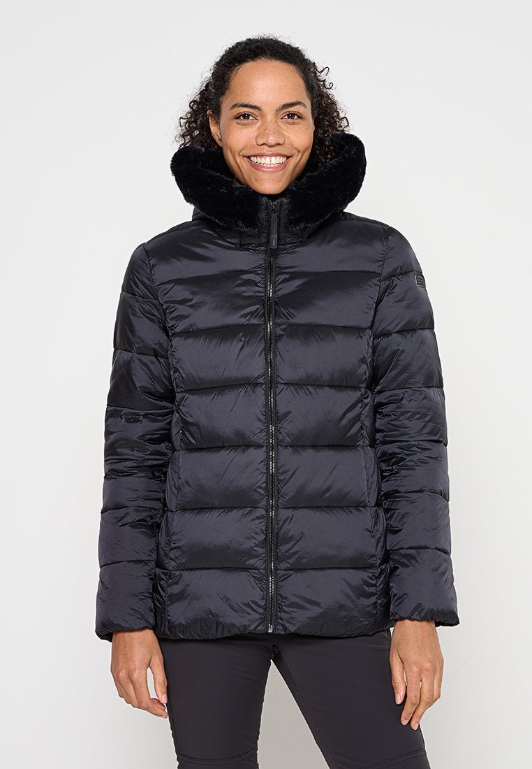 Schwarze Steppjacke mit Reißverschluss vorne, großer Kunstpelzkragen, Steppmuster und glatter Oberfläche. Leicht und tailliert geschnitten.