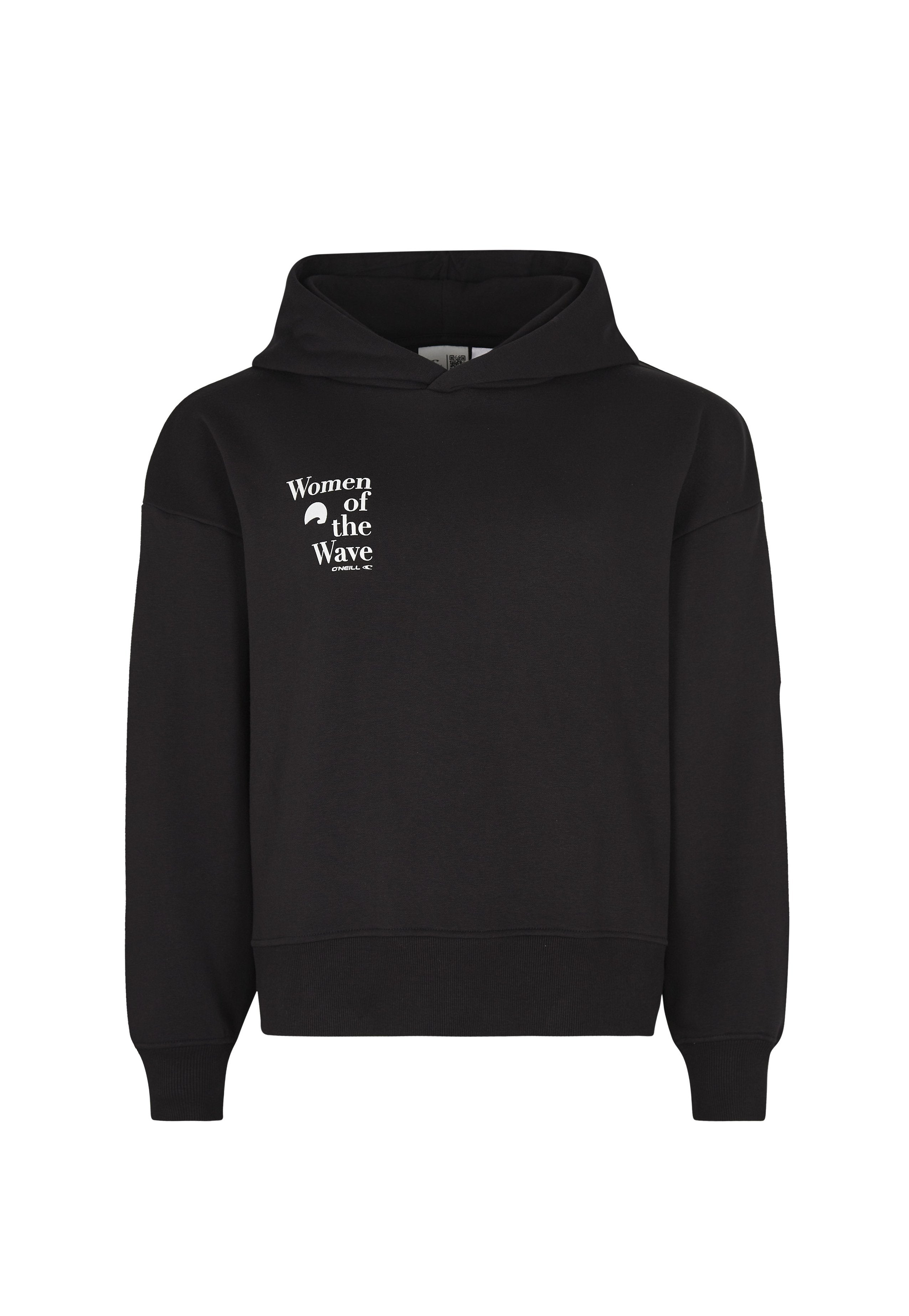 Schwarzer, verkürzter Hoodie aus Baumwollmischung, mit einem Logo "Women of the Wave" in Weiß auf der Vorderseite, Zugbandkapuze und gerippten Bündchen.