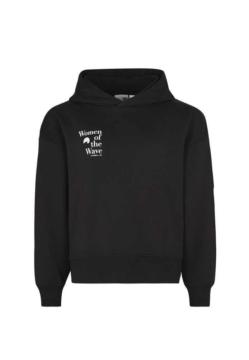 Schwarzer, verkürzter Hoodie aus Baumwollmischung, mit einem Logo "Women of the Wave" in Weiß auf der Vorderseite, Zugbandkapuze und gerippten Bündchen.