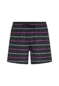 Schwarze Badehose mit horizontalen Streifen in Lila und Türkis, ausgestattet mit einem Kordelzugbund und einem Logo auf der unteren linken Seite.