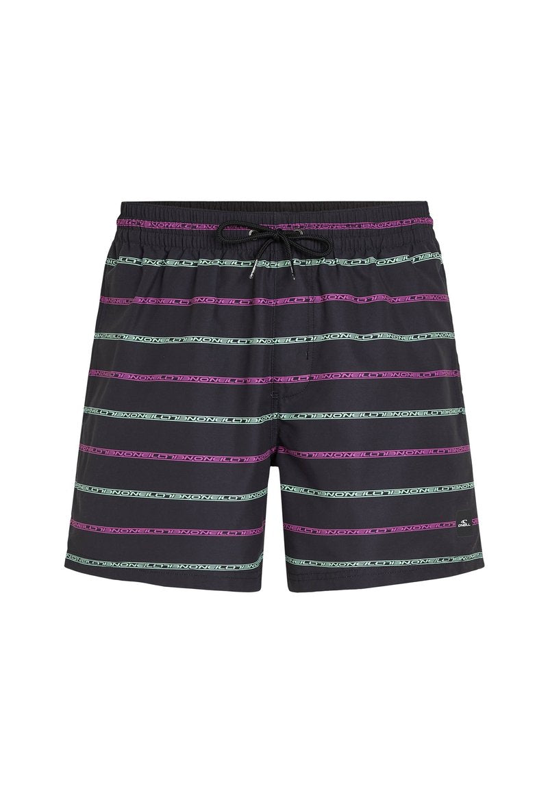 Schwarze Badehose mit horizontalen Streifen in Lila und Türkis, ausgestattet mit einem Kordelzugbund und einem Logo auf der unteren linken Seite.