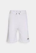 Weiße Baumwollshorts mit einem elastischen Bund, Kordelzug und Seitentaschen. Mit einem schwarzen Logo unten rechts.