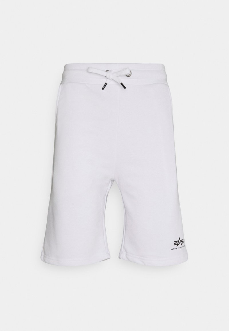 Weiße Baumwollshorts mit einem elastischen Bund, Kordelzug und Seitentaschen. Mit einem schwarzen Logo unten rechts.