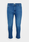 Blaue Denim-Jeans mit hoher Taille, vornem Knopf und Reißverschluss, fünf Taschen und schmaler, gerader Beinform.