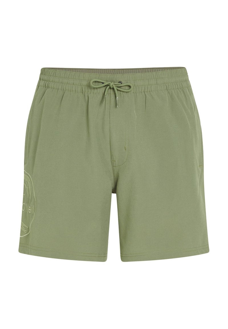 Grüne Badeshorts mit elastischem Bund und Kordelzug. Mit seitlichen Taschen und einem Logodetail am linken Bein. Glatte Stofftextur.