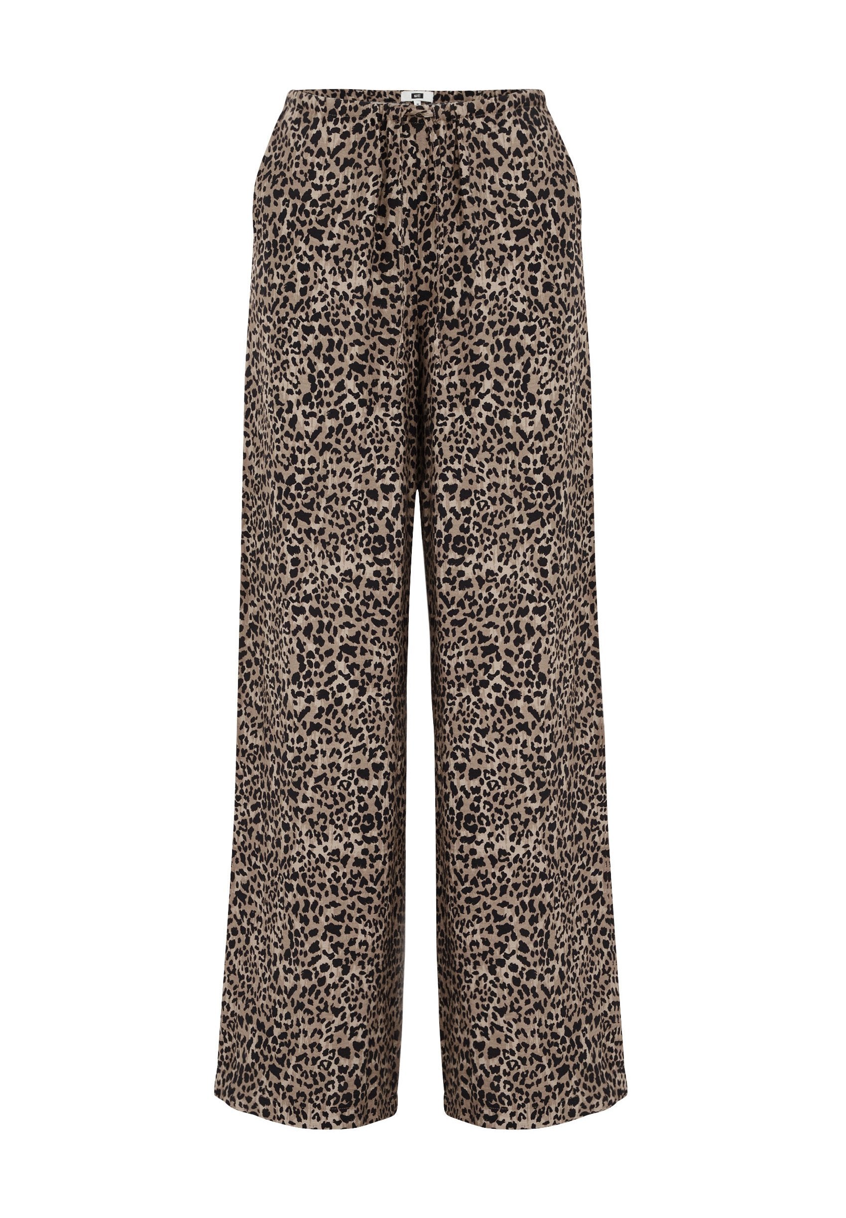 Leopardenmuster weite Hose aus einem leichten Stoff. Mit einem elastischen Bund und einem Kordelzug. Die Farben sind Beige und Schwarz.