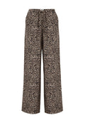 Leopardenmuster weite Hose aus einem leichten Stoff. Mit einem elastischen Bund und einem Kordelzug. Die Farben sind Beige und Schwarz.