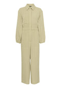 Hellgrüner Jumpsuit aus strukturiertem Stoff, mit Kragen, langen Ärmeln, tailliertem Schnitt und zwei Vordertaschen.