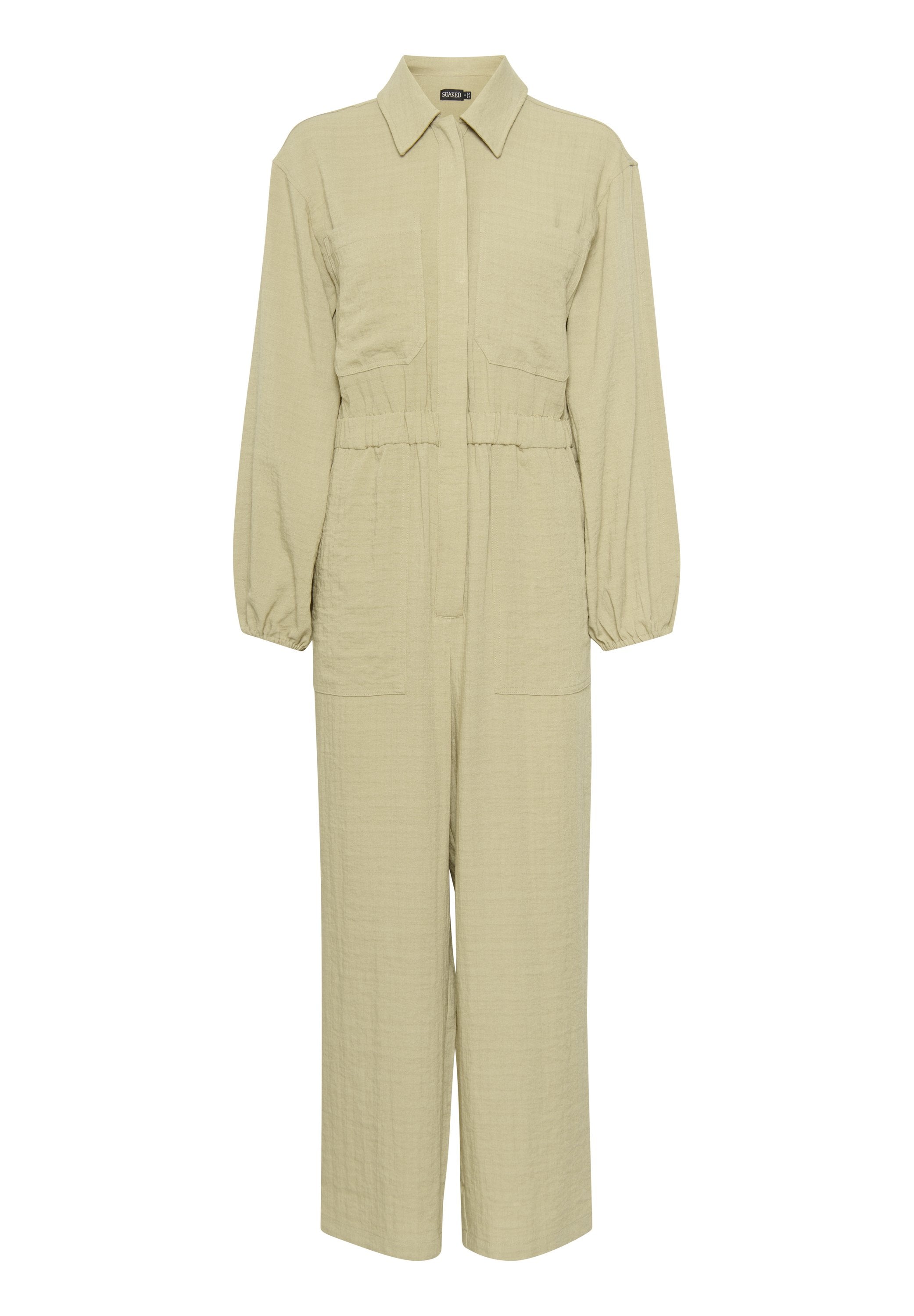 Hellgrüner Jumpsuit aus strukturiertem Stoff, mit Kragen, langen Ärmeln, tailliertem Schnitt und zwei Vordertaschen.