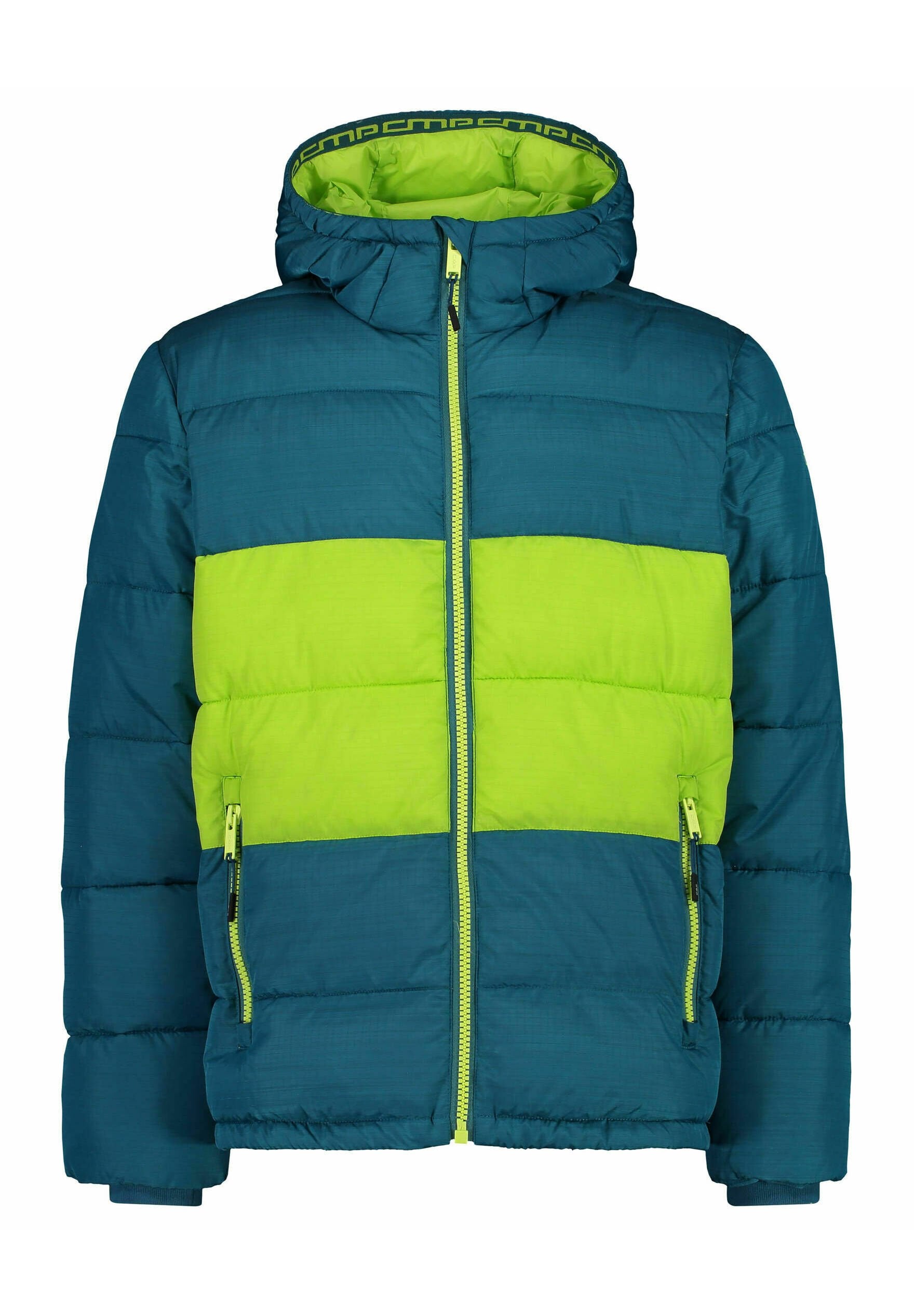 Blauer und limonengrüner gepolsterter Kapuzenjacke mit Frontreißverschluss und Reißverschluss-Taschen.