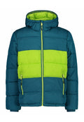 Blauer und limonengrüner gepolsterter Kapuzenjacke mit Frontreißverschluss und Reißverschluss-Taschen.