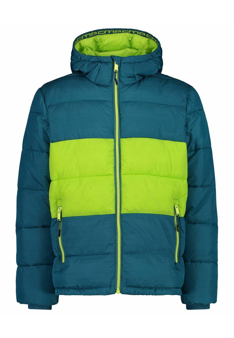 Blauer und limonengrüner gepolsterter Kapuzenjacke mit Frontreißverschluss und Reißverschluss-Taschen.