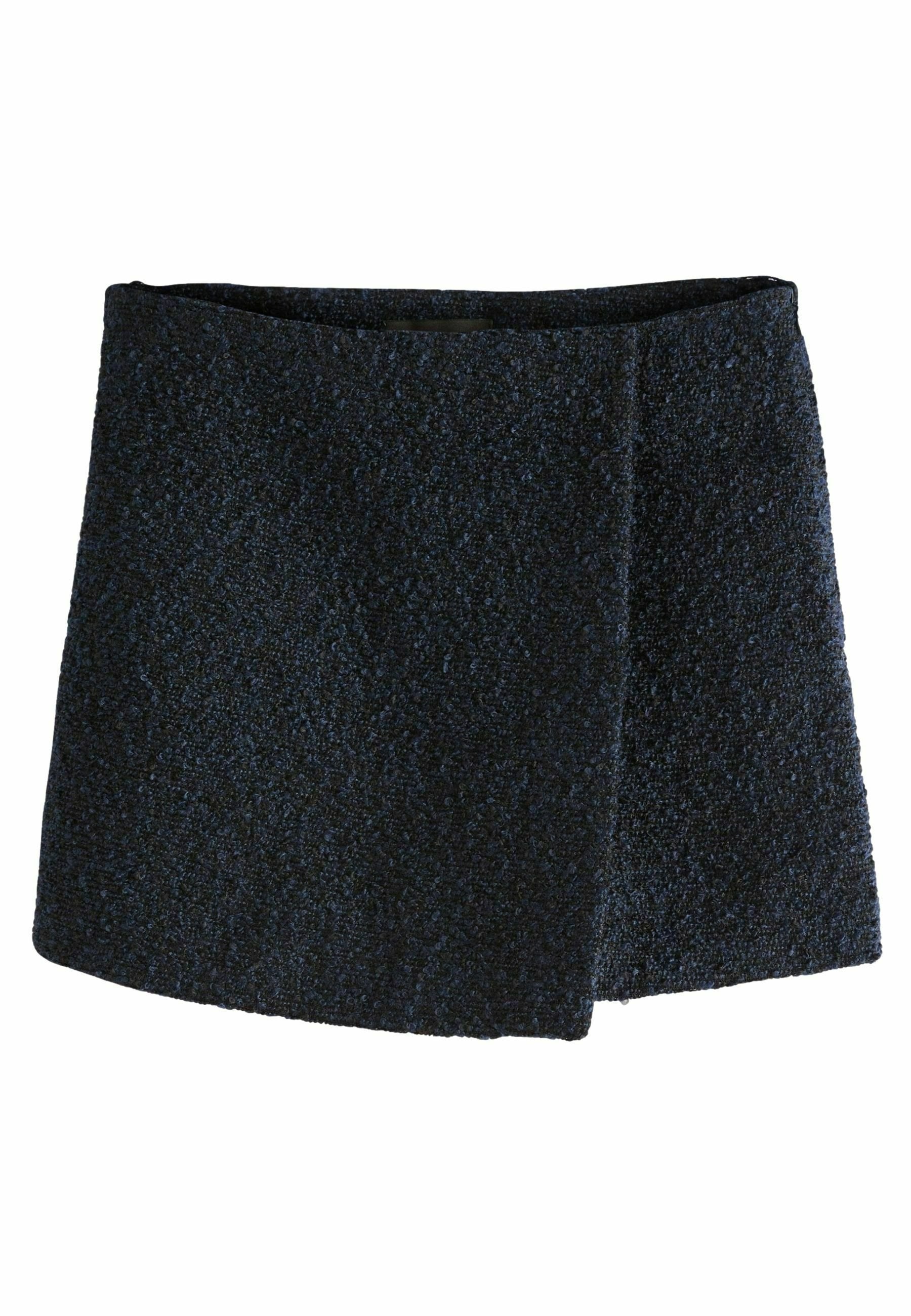 Schwarzer, strukturierten Rock mit einer weichen, flauschigen Oberfläche. Verfügt über ein modernes Design mit einem asymmetrischen Schnitt und einem breiten Taillenbund.