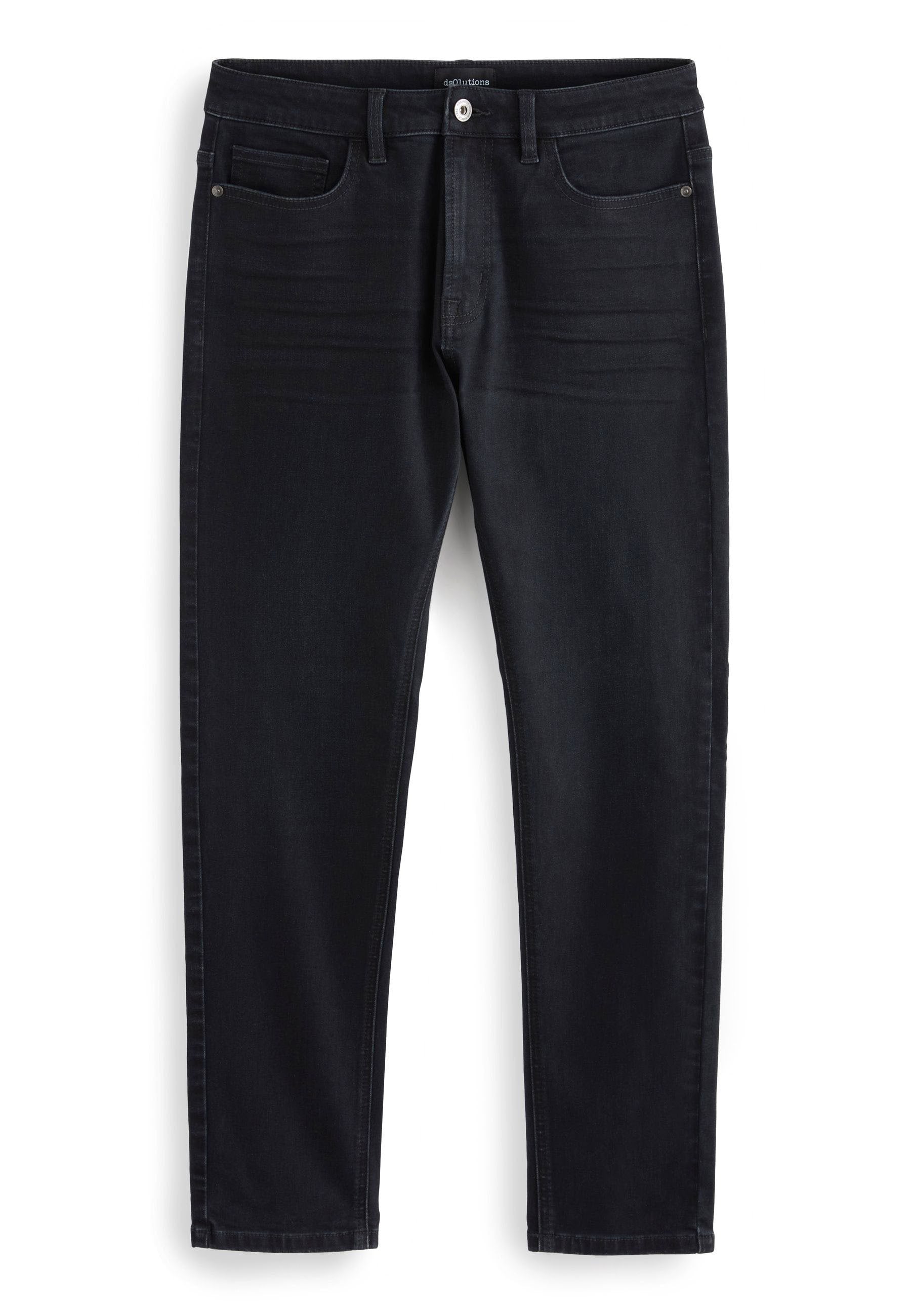 Schwarze Jeans aus Denim mit geradem Schnitt, ausgestattet mit fünf Taschen, dezenten Nähten und einem Standard-Knopfverschluss. Glatte Textur.
