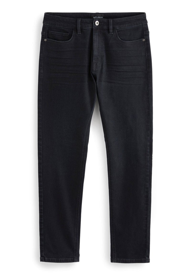 Schwarze Jeans aus Denim mit geradem Schnitt, ausgestattet mit fünf Taschen, dezenten Nähten und einem Standard-Knopfverschluss. Glatte Textur.