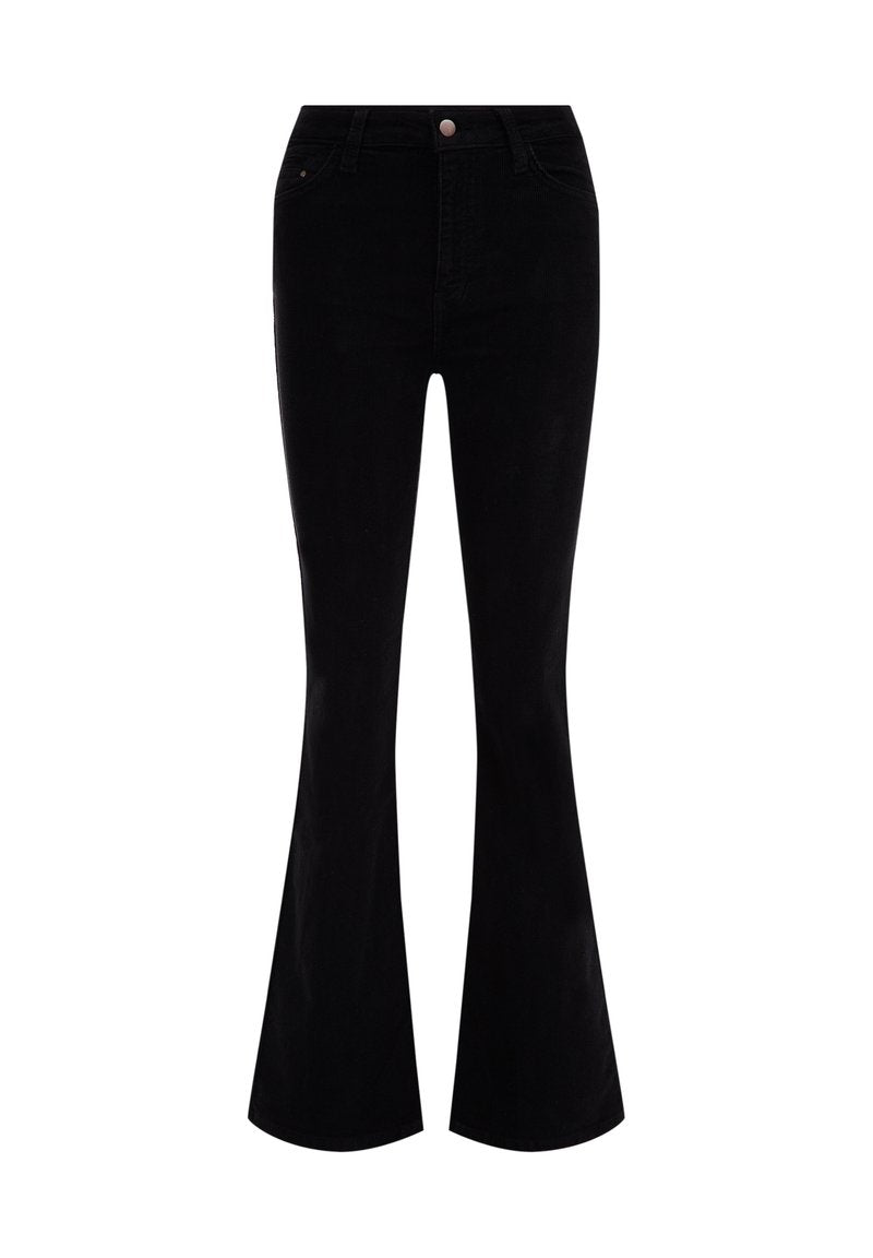 Schwarze, ausgestellte Jeans aus Denim mit hoher Taille, Fronttaschen, Knopfverschluss und glatter Textur.