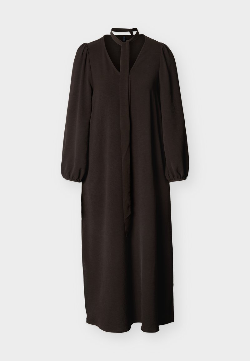 Dunkelbraunes Midikleid mit langen, gepufften Ärmeln, V-Ausschnitt und schmaler Stoffschleife am Hals.