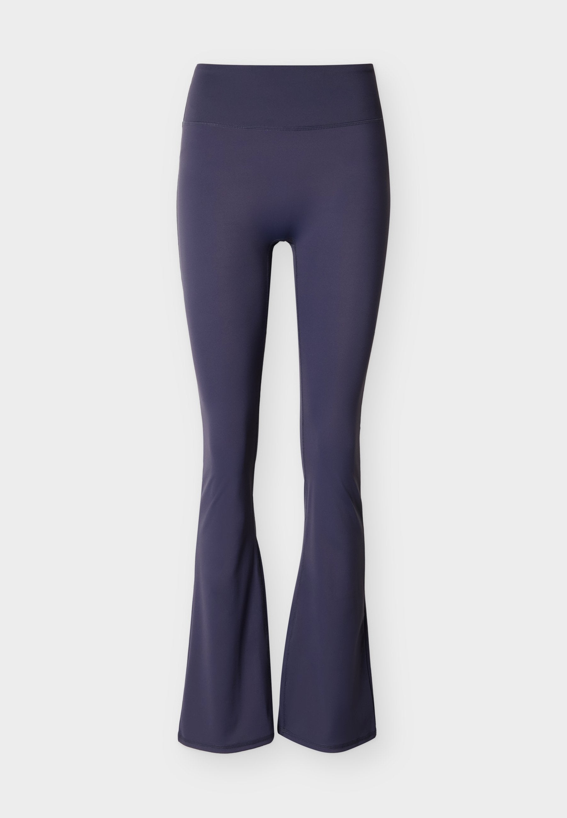 Marineblaue Leggings mit ausgestelltem Bein, gefertigt aus dehnbarem Stoff, mit hohem Bund und glatter Textur ohne sichtbare Nähte oder Muster.