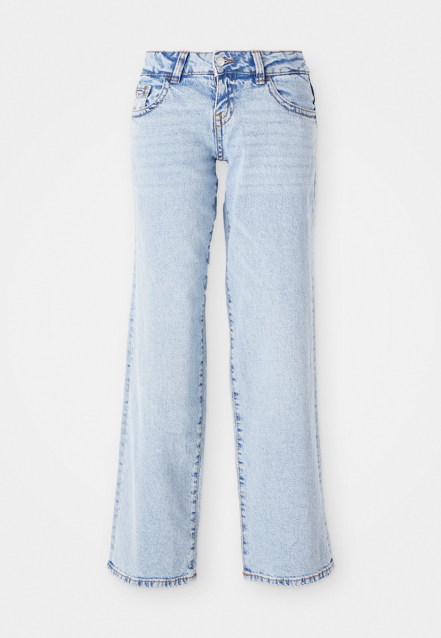 Helle blaue Denim-Jeans mit lockerer Passform, geraden Beinen und subtiler Ausbleichung. Verfügt über fünf Taschen und Gürtelschlaufen. Ausgefranster Saum. Coaches