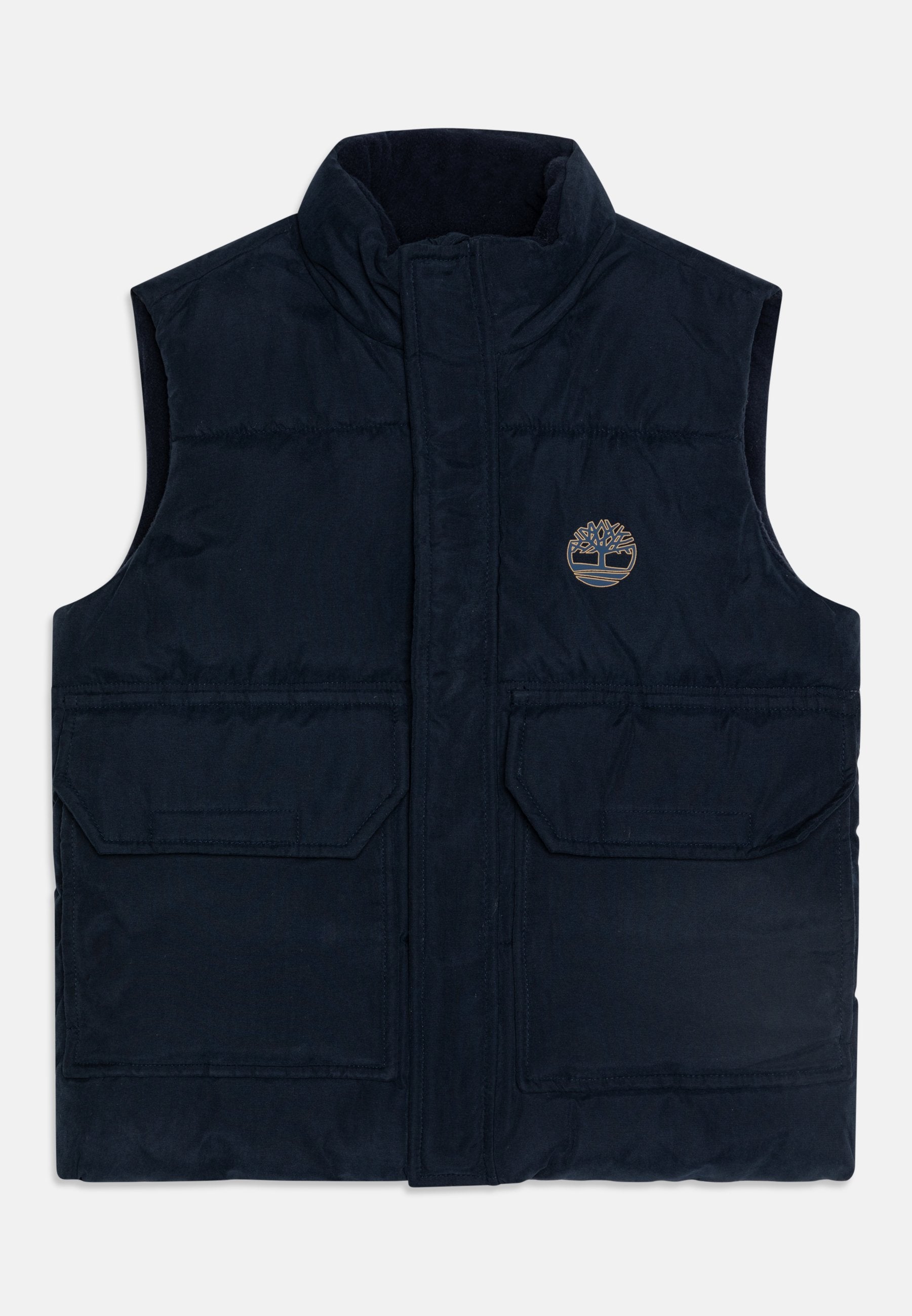 Marineblaue ärmellose gesteppte Weste mit hohem Kragen, zwei vorderen Klapptaschen und kleinem Baum-Logo auf der linken Brust.