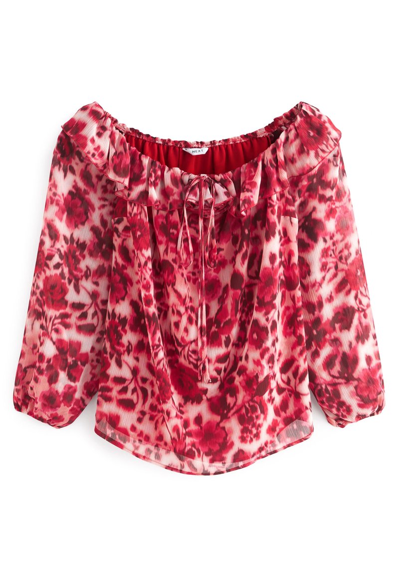 Bluse mit floralem Muster und schulterfreiem Design in Rot- und Rosatönen, mit Rüschenausschnitt und Kordelzugdetails. Leichter, transparenter Stoff.