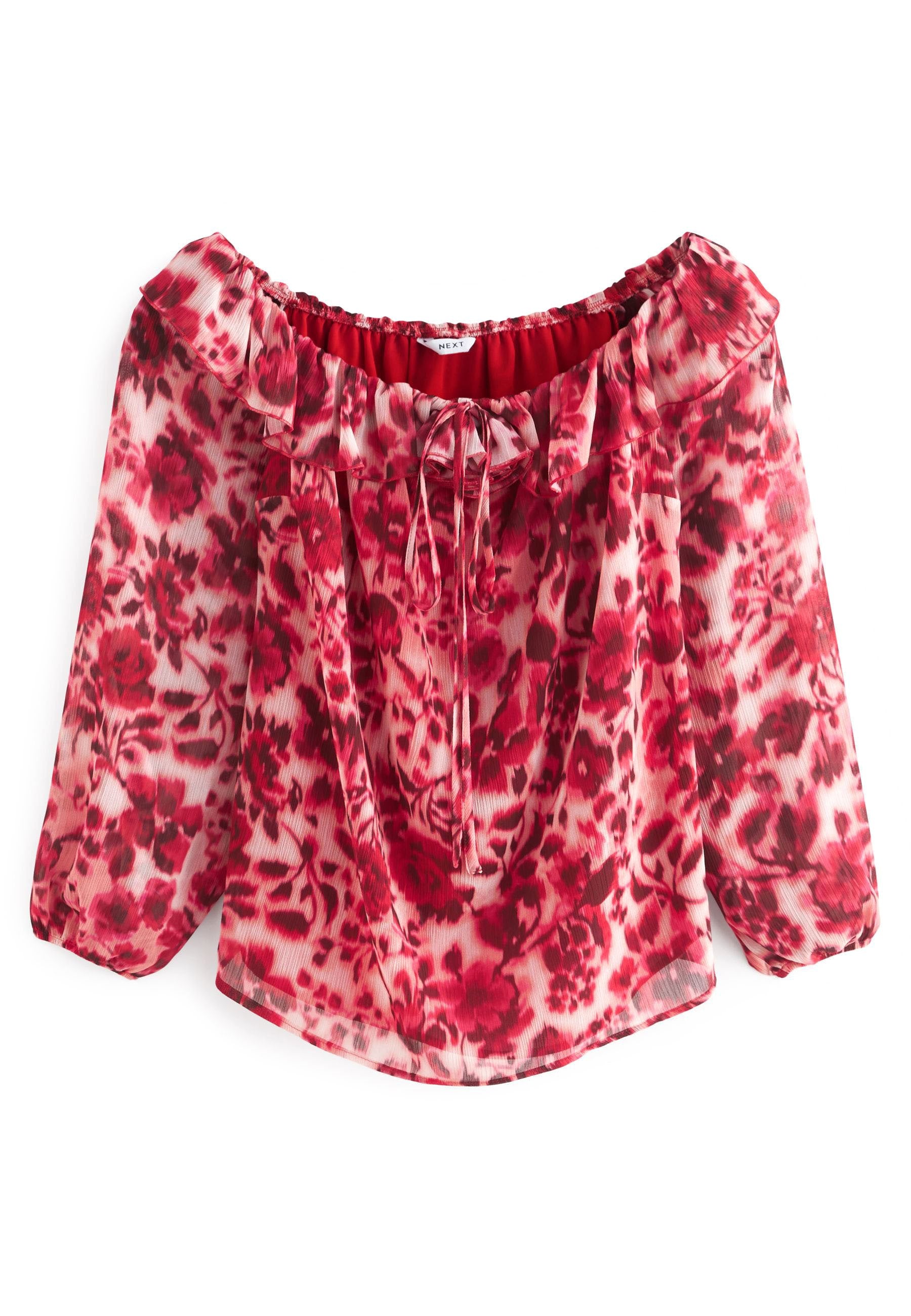 Bluse mit floralem Muster und schulterfreiem Design in Rot- und Rosatönen, mit Rüschenausschnitt und Kordelzugdetails. Leichter, transparenter Stoff.