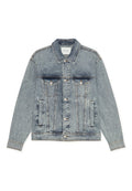 Hellblaue Jeansjacke mit klassischem Schnitt, silbernen Knopfverschlüssen, Brusttaschen, Seitentaschen und sichtbaren Nahtdetails.
