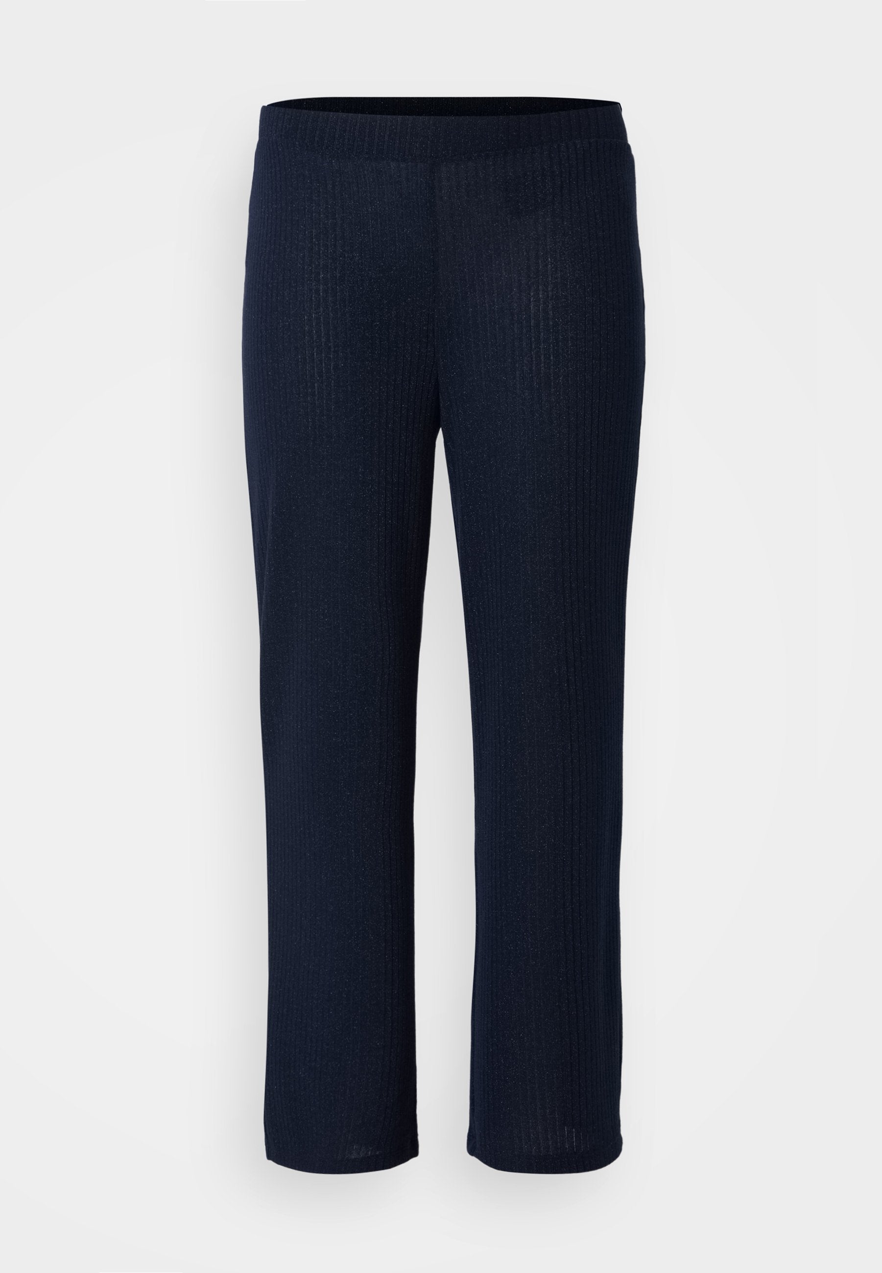Marineblaue gerippte Strickhose mit elastischem Bund, geradem Bein und weicher Textur. Glattes, leichtes Material ohne sichtbare Hardware.