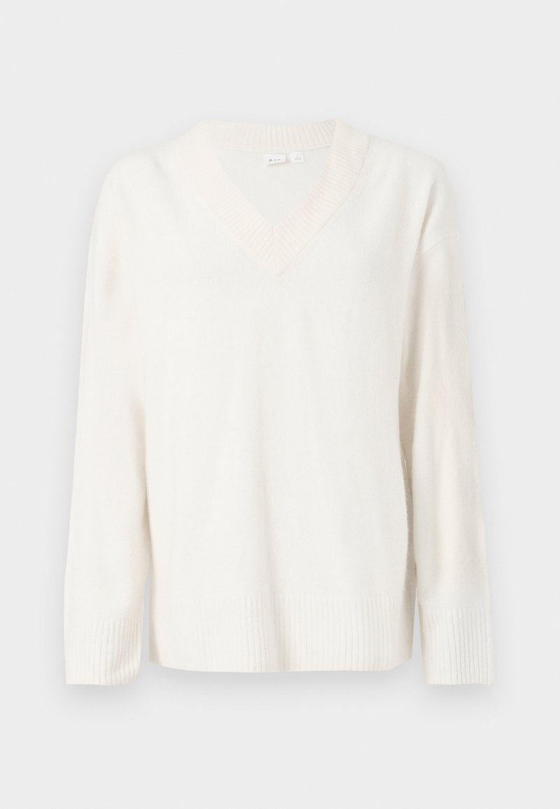 Weißer V-Ausschnitt-Pullover aus weichem Strickstoff, mit langen Ärmeln und gerippten Bündchen sowie einem gerippten Saum. Minimalistisches Design ohne Muster.