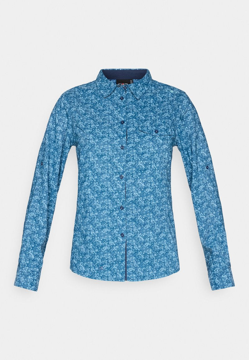 Blaues Langarmhemd mit kleinem Blumenmuster, spitzem Kragen und einer Brusttasche mit Knopfverschluss.