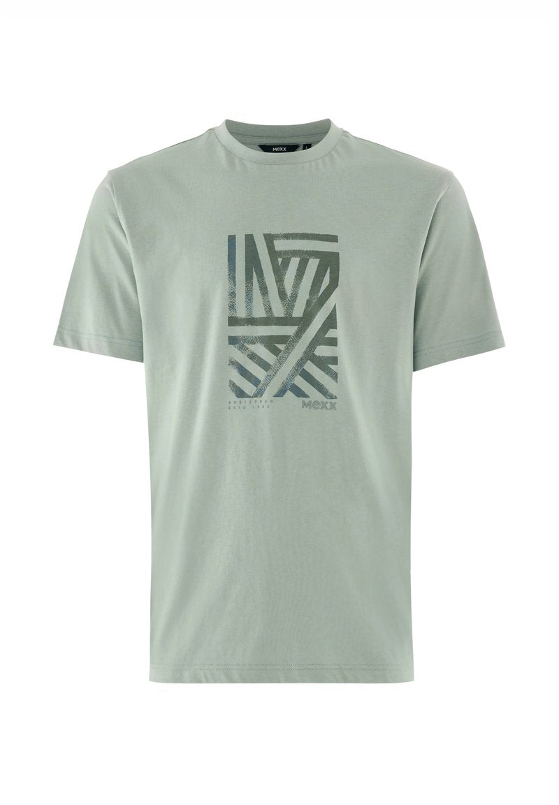 Hellgrünes kurzärmeliges T-Shirt mit dunklem geometrischem abstraktem Druck und kleinem „Mexx“-Logo in der Mitte vorne.