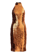 Paillettenkleid in Bronze mit hohem Ausschnitt. Taillierte Form, knielang. Glatte Textur durch überlappende runde Pailletten, die das Licht reflektieren.