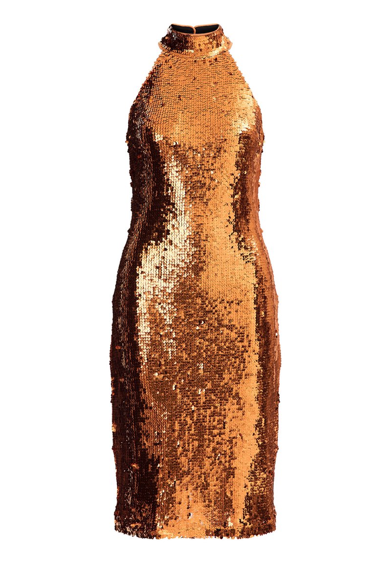 Paillettenkleid in Bronze mit hohem Ausschnitt. Taillierte Form, knielang. Glatte Textur durch überlappende runde Pailletten, die das Licht reflektieren.
