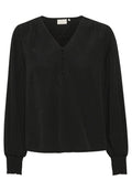 Schwarze Bluse mit langen Puffärmeln, V-Ausschnitt, drei-Knopf-Detail vorne und strukturiertem Stoff mit kleinen Punktmustern.