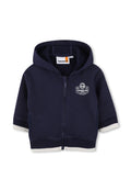 Navyblaue Zip-Hoodie für Kleinkinder mit Kapuze, weißen gerippten Bündchen und Saum, Timberland-Logo auf der Brust und vorderen Taschen.