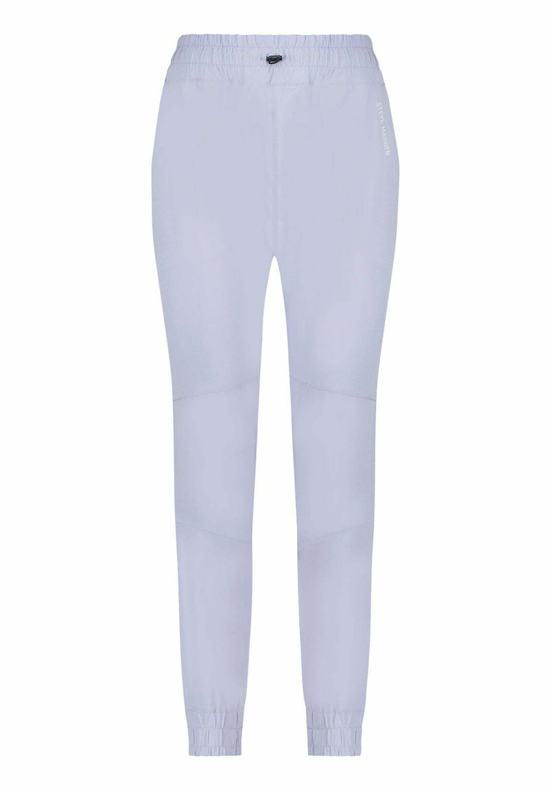 Helle lila Sporthose mit elastischem Bund, schmal zulaufenden Beinen und dezenten seitlichen Akzenten. Hergestellt aus glattem, leichtem Material.