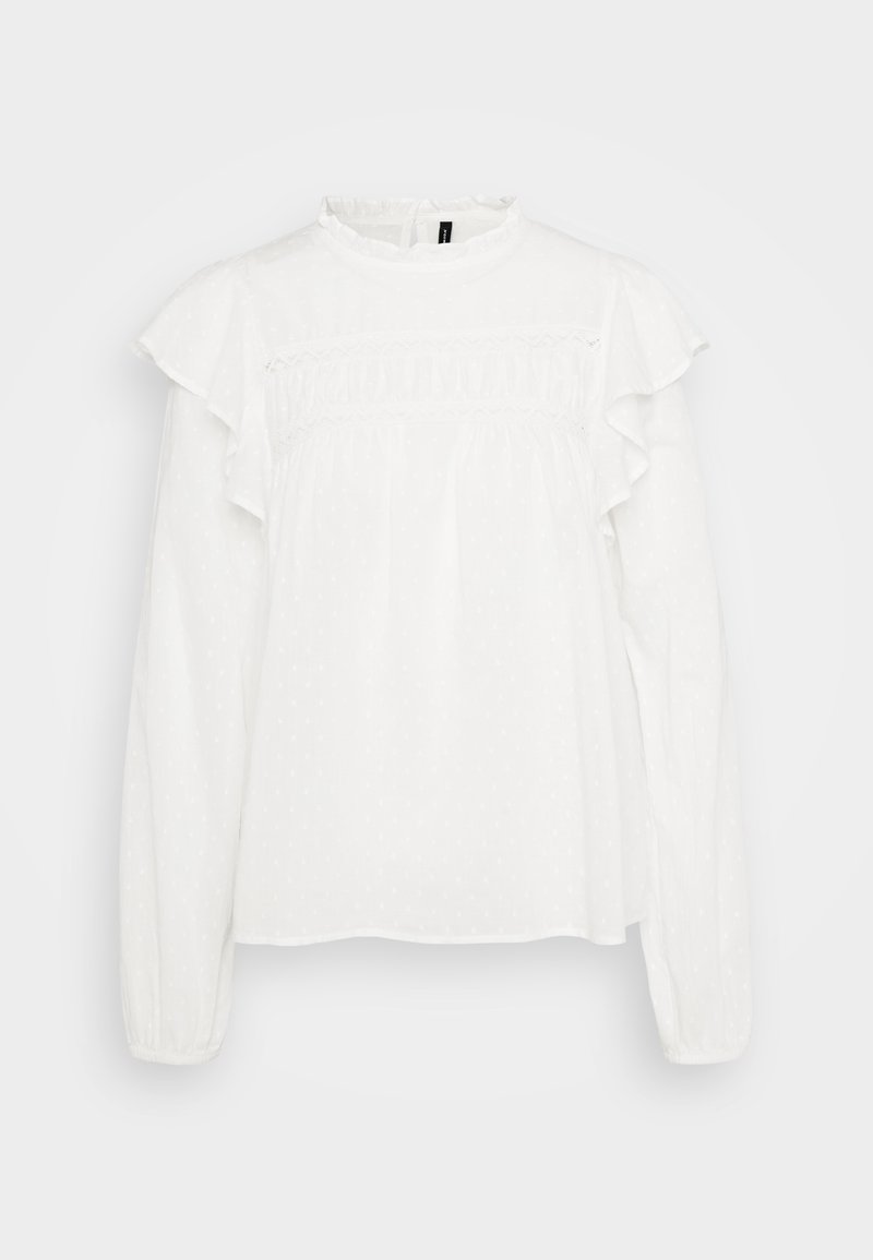 Weiße Bluse mit langen Ärmeln, Rüschenschultern, hohem Kragen, strukturiertem Stoff und elastischen Bündchen.