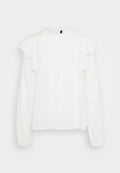 Weiße Bluse mit langen Ärmeln, Rüschenschultern, hohem Kragen, strukturiertem Stoff und elastischen Bündchen.