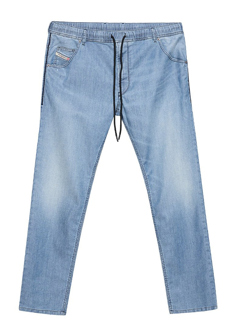 Hellblaue Denim-Jogginghosen mit elastischem Bund und schwarzem Kordelzug, ausgestattet mit Seitentaschen und geradem Schnitt.