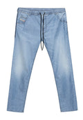 Hellblaue Denim-Jogginghosen mit elastischem Bund und schwarzem Kordelzug, ausgestattet mit Seitentaschen und geradem Schnitt.