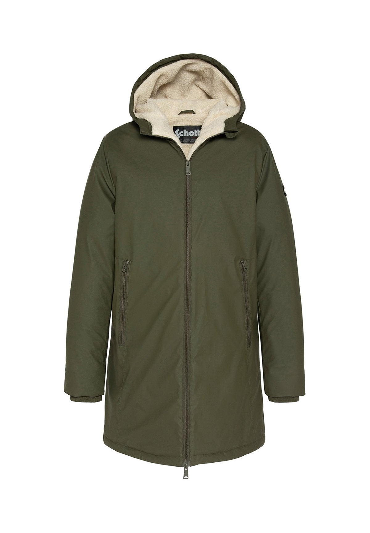 Olivgrüne isolierte Parka mit einem mit Fleece gefütterten Kapuzen, Frontreißverschluss und zwei seitlichen Reißverschlusstaschen. Glattes Außenmaterial, lässiges Design.
