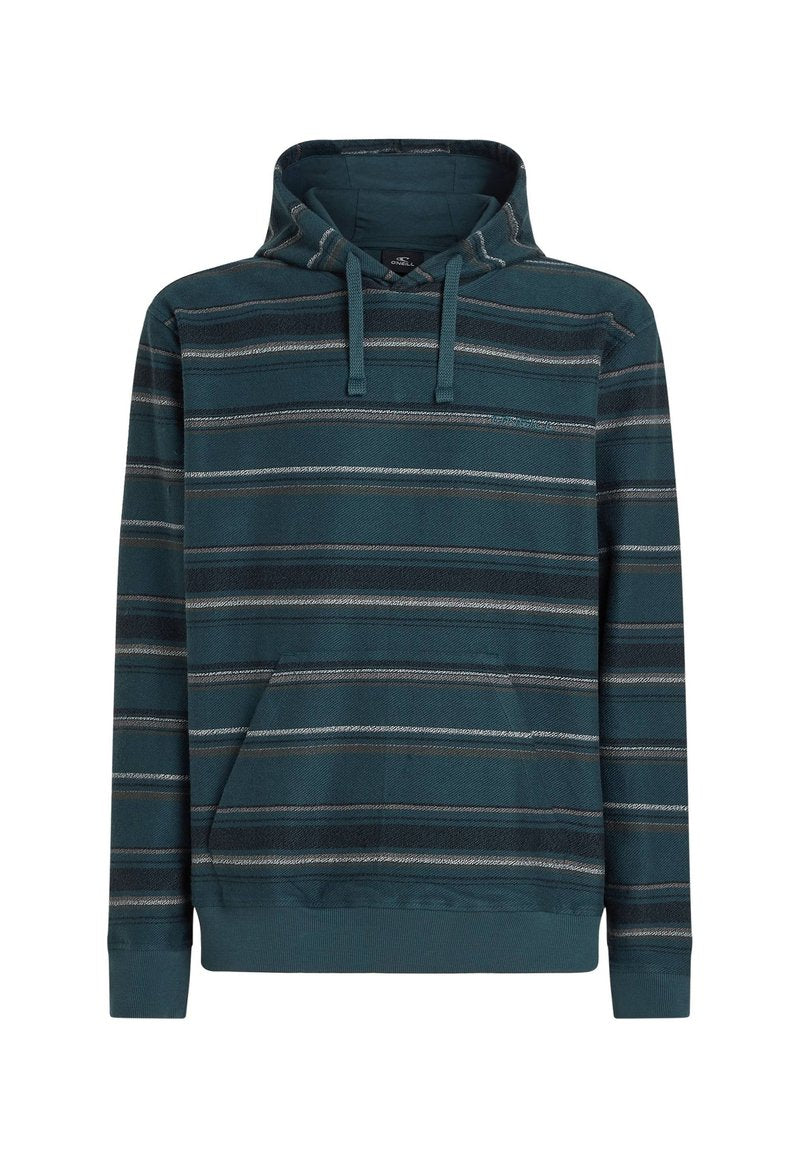 Tee-farbene gestreifte Kapuzenjacke mit einer Kängurutasche, einer Kapuze mit Kordelzug und gerippten Bündchen. Hat horizontale Streifen in helleren Farbtönen.