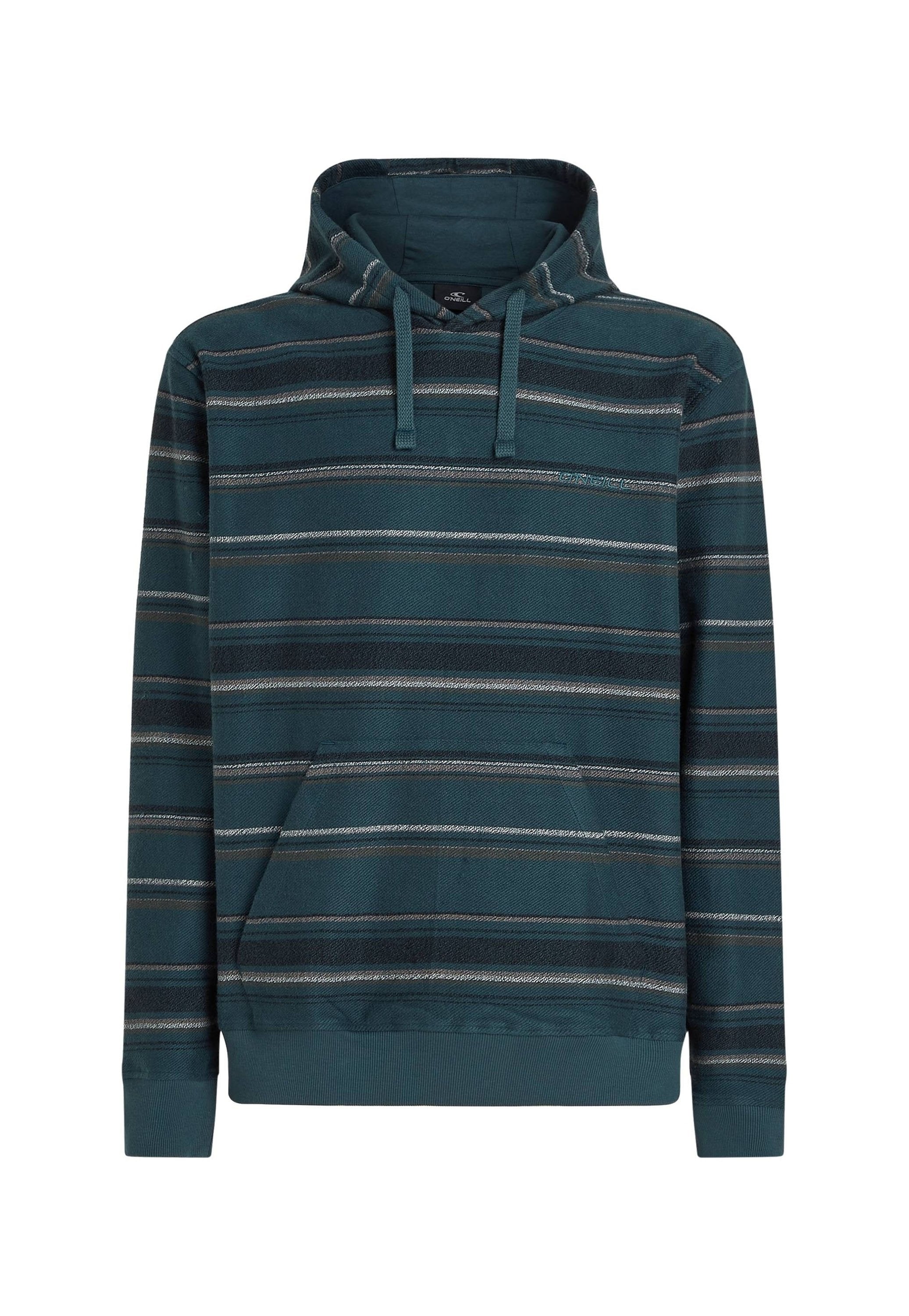 Tee-farbene gestreifte Kapuzenjacke mit einer Kängurutasche, einer Kapuze mit Kordelzug und gerippten Bündchen. Hat horizontale Streifen in helleren Farbtönen.